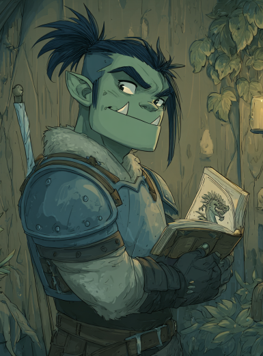 half orc paladin reading up on dragons