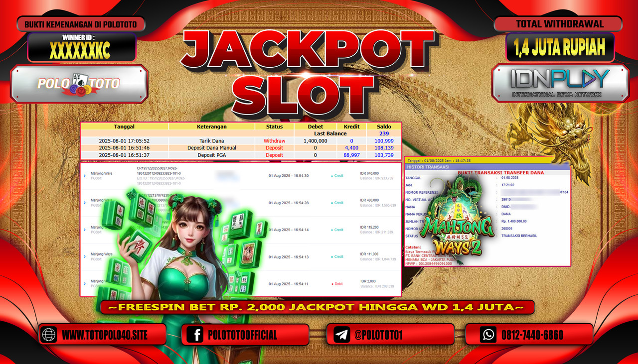 POLOTOTO JACKPOT SLOT MAHJONG WAYS Rp.1.400.000,-LUNAS