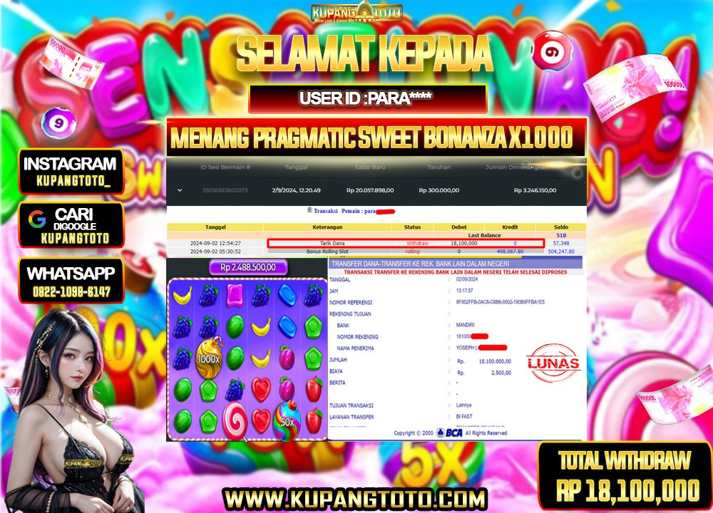 SELAMAT KEPADA MEMBER KUPANGTOTO JACKPOT SLOT BONANZA 1000 Rp. 18.100.000,- LUNAS