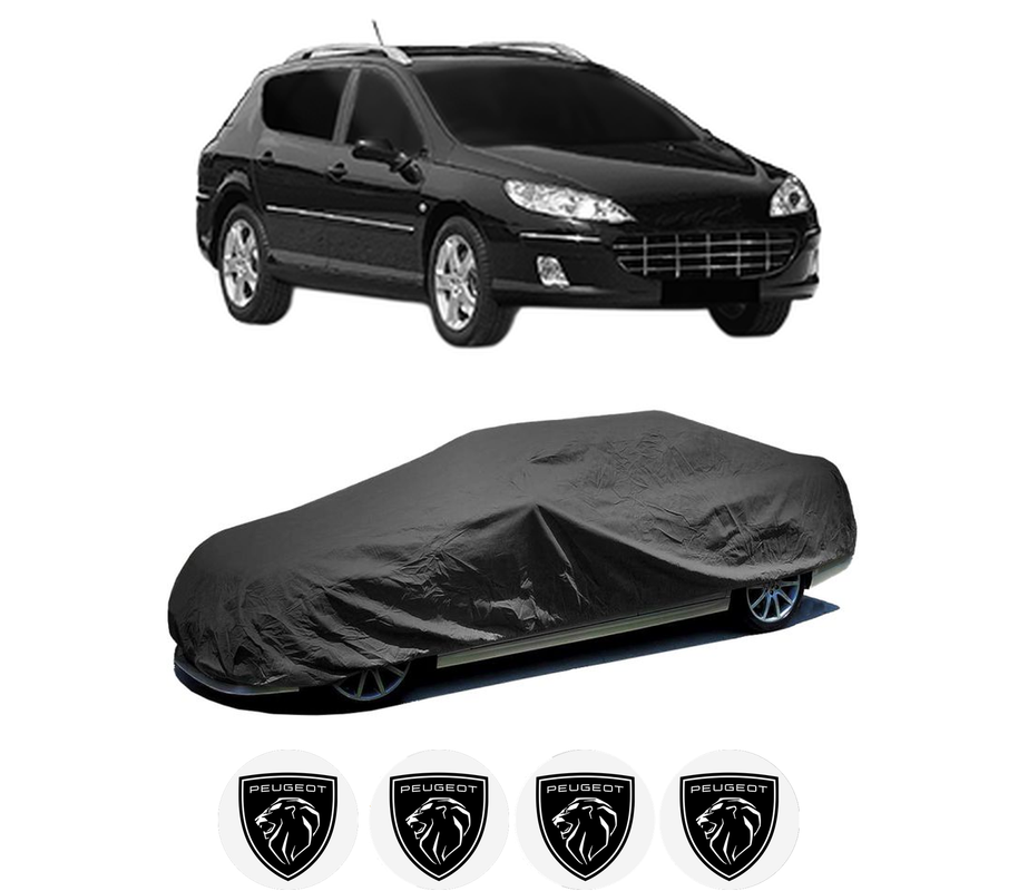 Husa tip prelata auto pentru PEUGEOT 407 SW Estate Van (6E_) din 2009-2010, Culoare Negru, material textil impermeabil, rezistanta la intemperii praf UV, CARPASSION Husa Protectie, 4 Stickere auto cu PEUGEOT