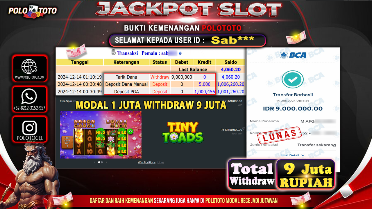POLOTOTO JACKPOT SLOT TINY TOADS Rp.9,000.000,-