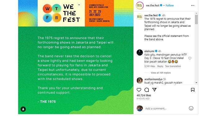 Pengumuman resmi terkait grup musik asal Inggris, The 1975, yang batal tampil di We The Fest 2023.