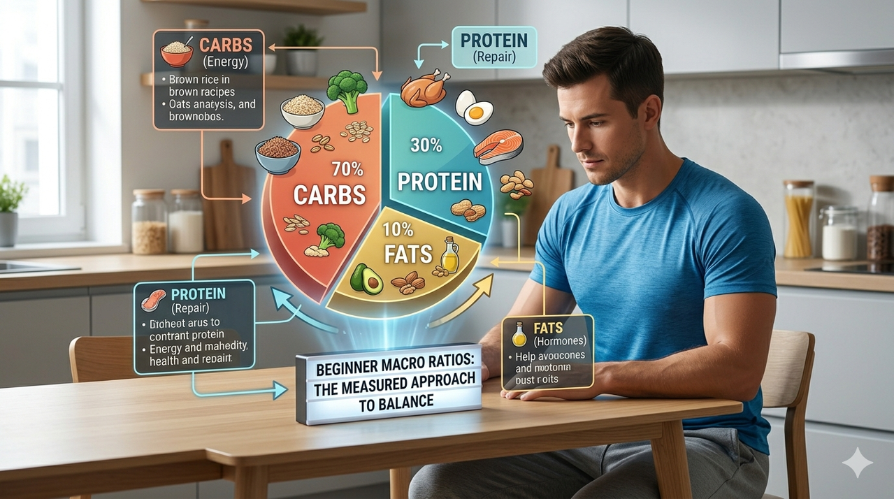 Pie chart showing protein, carbs, fat ratios for beginners with percentages 20-30% protein, 20-35% fat, 40-60% carbs, illustrating carbs protein fats ratio