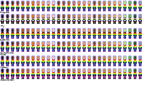 a row of people with pride flag shirts and light indigo hair