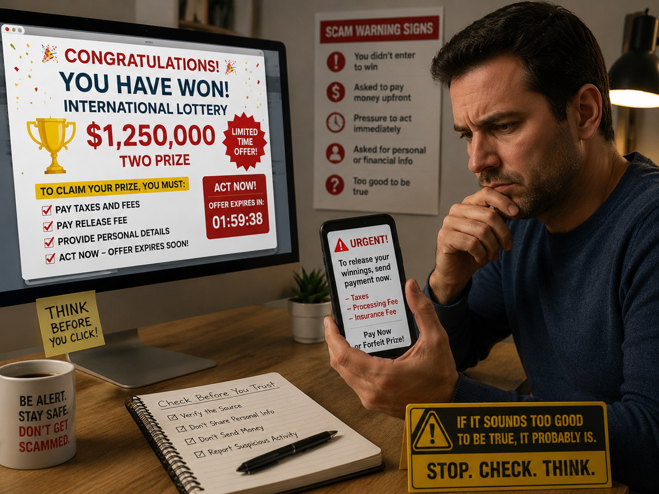 Lottery scam warning showing pressure to pay taxes, release fees and insurance before receiving winnings