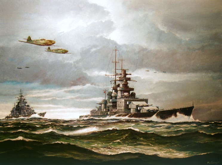 El DKM Scharnhorst y el DKM Gneisenau durante la Operación Cerberus, sobrevolados por varios ME-109 de las fuerzas del general Galland