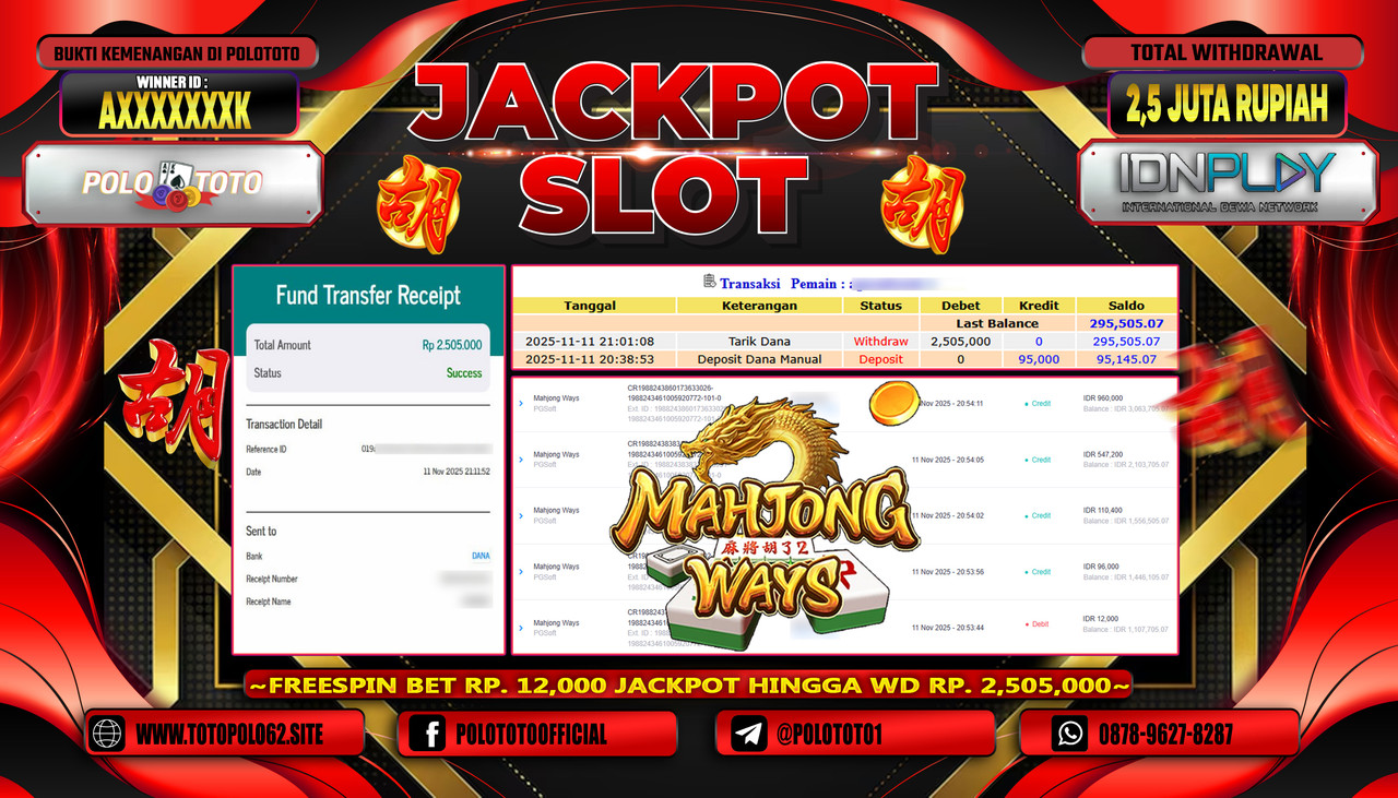 POLOTOTO JACKPOT SLOT MAHJONG WAYS Rp.2.500.000,- LUNAS