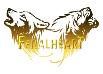An image depicting two black outlines of wolves in opposite direction with a glowing brown and yellow gradient layered ontop with text saying feral heart over top
