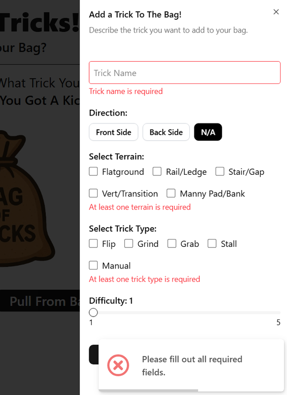 Bag Of Tricks - Add Trick Form: Errors
