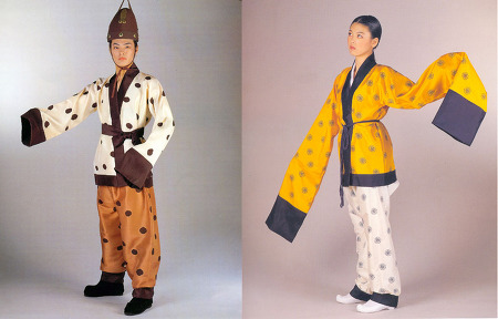 Recreated dancer costumes with both the man and woman in long sleeves and pants.