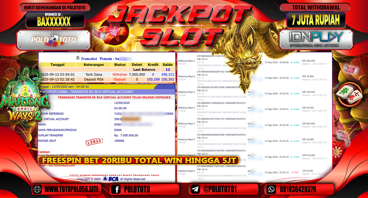 POLOTOTO JACKPOT SLOT MAHJONG WAYS 2 Rp.7.000.000,-