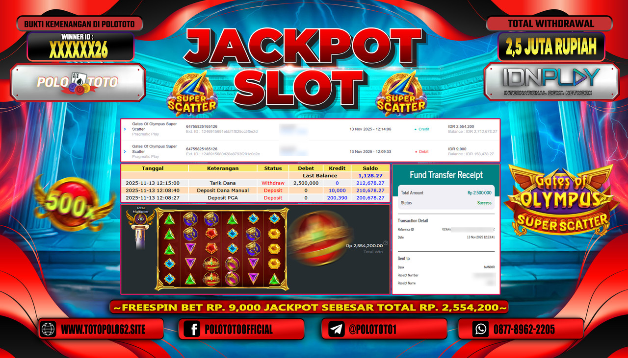 POLOTOTO JACKPOT SLOT GATES OF OLYMPUS SUPER SCATTER Rp.2.500.000,- LUNAS