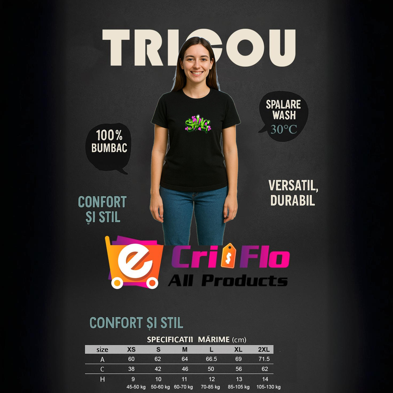 Tricou Swag, Dama, 100% bumbac, Cri-Flo, Culoarea Negru, Marime M