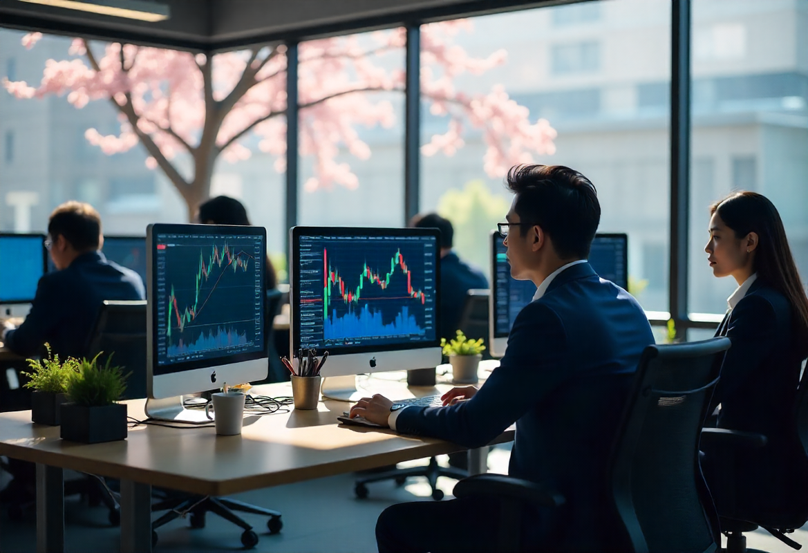 A bustling online trading office of Bull360 in Tokyo, Japan