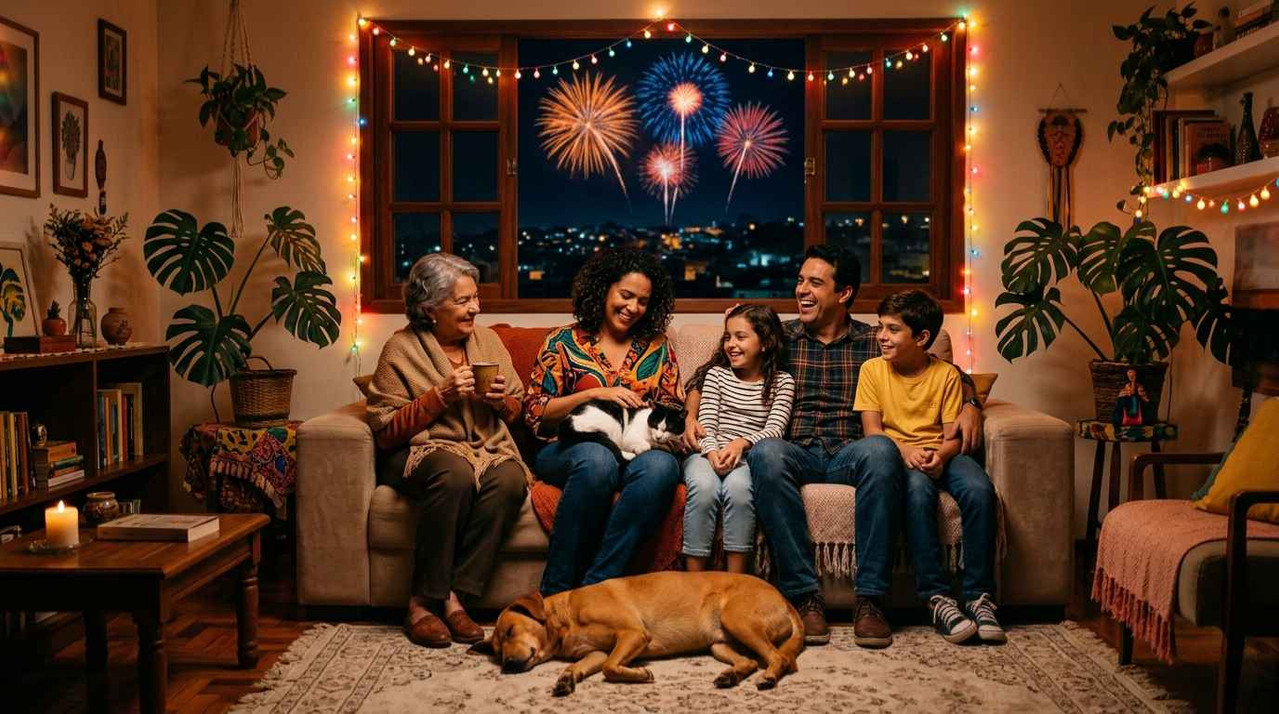 Família com cão e gato tranquilos em casa durante festa junina — pets protegidos dos fogos de artifício
