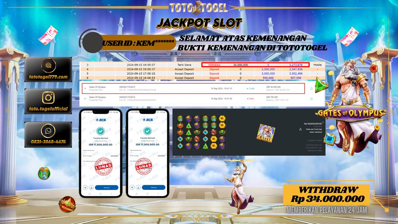 Bukti Kemenangan Permainan Slot Gates Of Olympus Dengan ID : KEM***** Terbayar Lunas!!