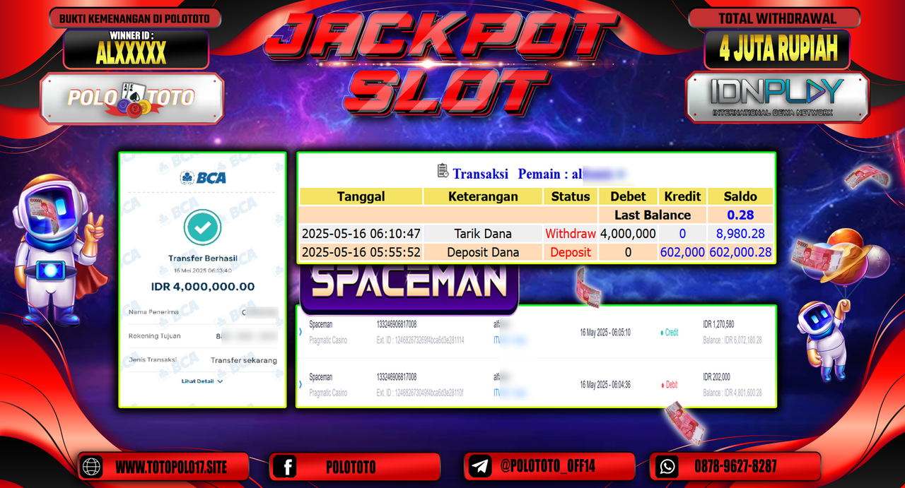 POLOTOTO JACKPOT SLOT SPACEMAN Rp.4.000.000,-