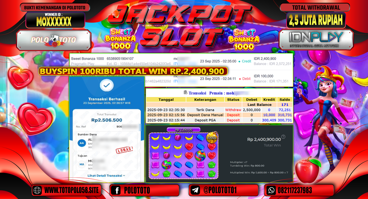 POLOTOTO JACKPOT SLOT SWEET BONANZA 1000 Rp.2.500.000,-