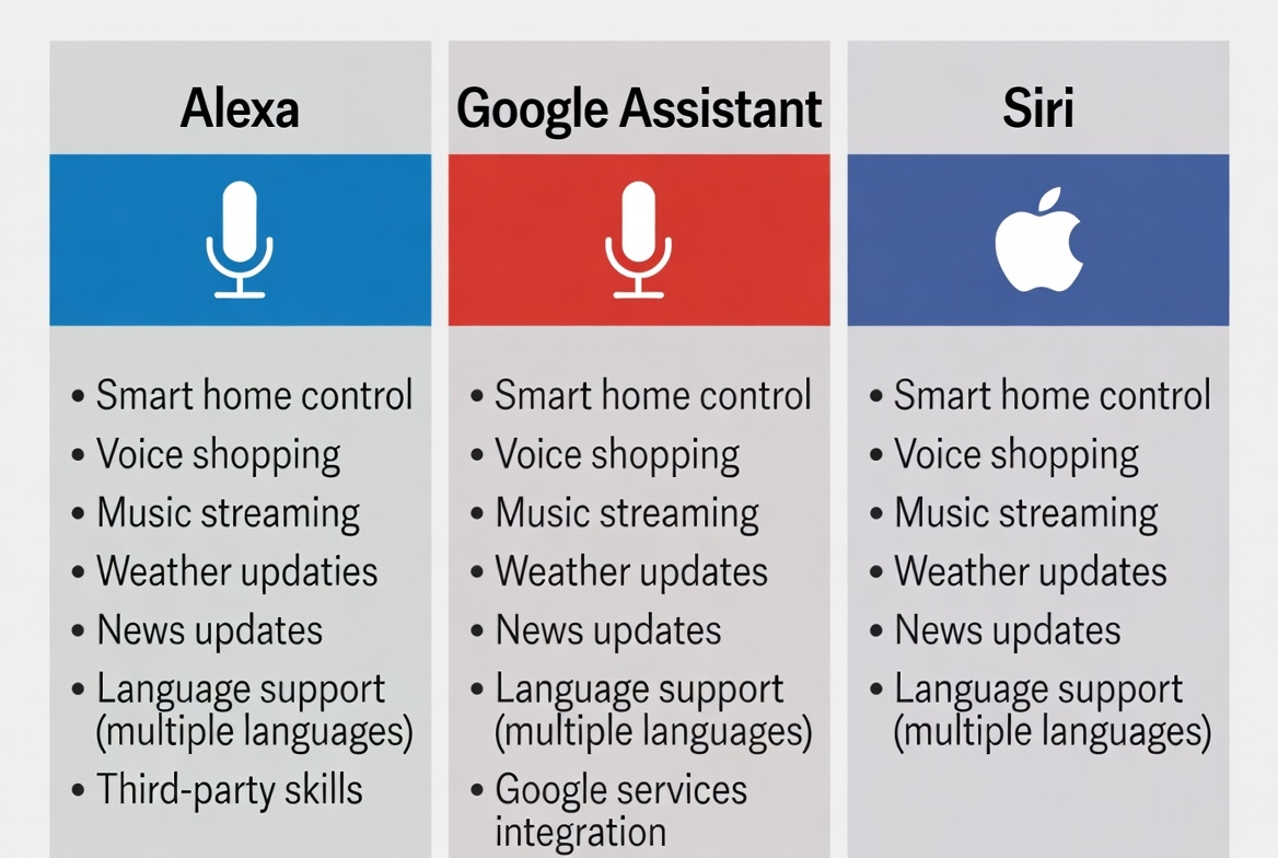 Side by side comparison chart showing Alexa Google Assistant and Siri voice assistant capabilities and features
