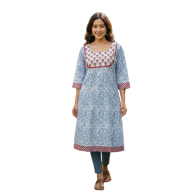 Qyaari by Penkraft Cotton Handblock Kurta for Women
