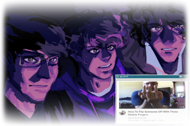 a drawing of slimecicle, tommyinnit, and wilbur soot by rohkka. it shows all three of them in the dark staring at a bright off screen computer, all with worried and serious faces. the screen that shows what is on screen when streaming is wilbur's 90s microsoft theme, and has been edited to have a picture replacing what would've been there. the picture replacing it is a thumbnail showing a man doing 3 middle fingers, and the name of the video is "how to flip someone off with three middle fingers". slimecicle is wearing a black shirt, tommy a hoodie, and wilbur a brown trenchcoat, and the whole drawing is painterly with a strong purple overlay. the image has been edited and resized to be smaller and to have blurred edges, with the top and bottom being more blurred than the left and right.