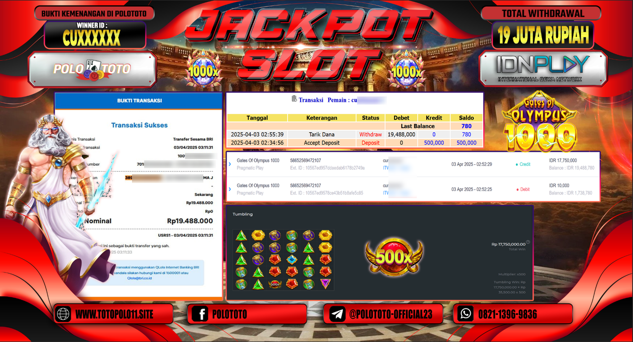 POLOTOTO JACKPOT SLOT GATES OF OLYMPUS 1000  Rp.19.000.000,- LUNAS
