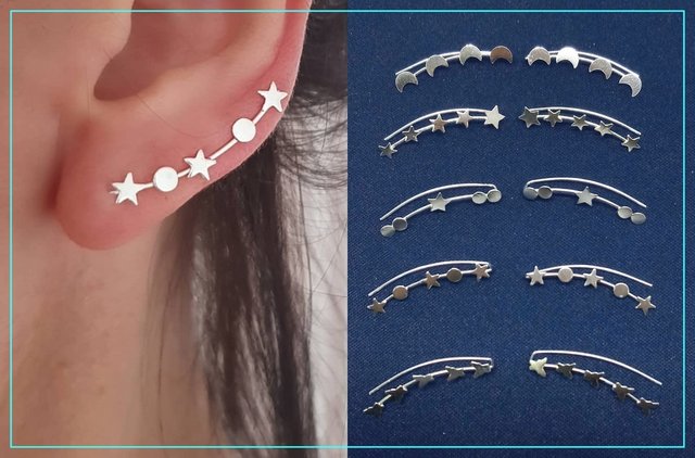 Orecchini A Cerchio In Argento 925 Con Ciondoli Luna E Stella - Gioielli Fatti A Mano, Rodiati, Ipoallergenici