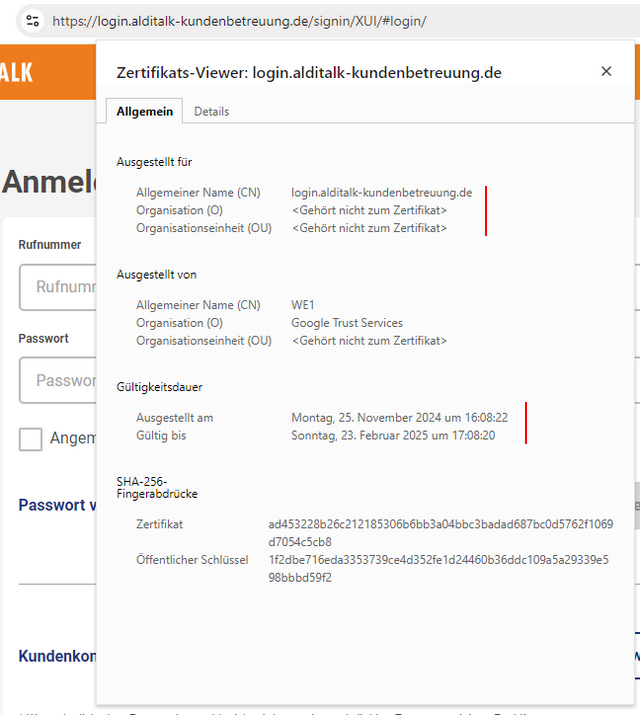 Zertifikat Aldi-Talk-Portal