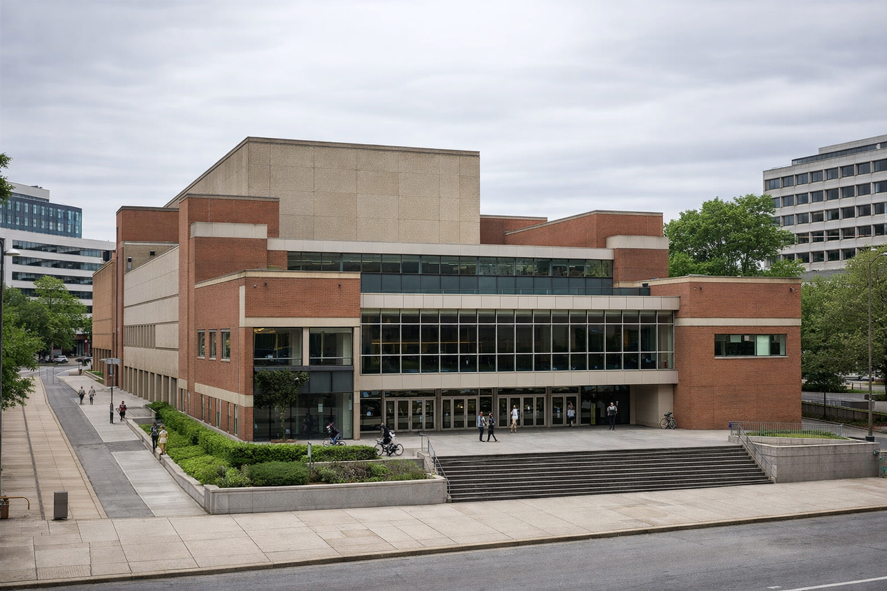 Exterior perspective of the cultural building.