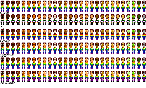a row of people with pride flag shirts and maroon hair