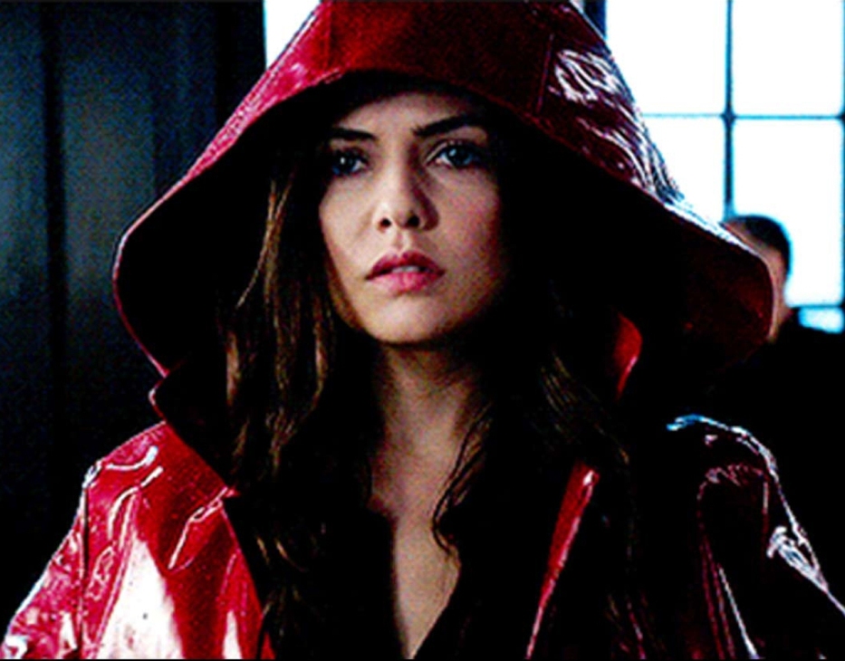 Danielle Campbell in the shiny red PVC mac (1)