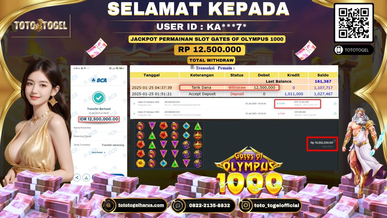 Bukti Pembayaran Jackpot  Permainan Slot Gates Of Olympus 1000  ID:KA***7*  LUNAS