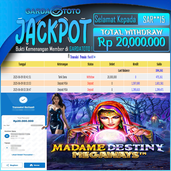 JACKPOT DI PERMAINAN  SLOT PRAGMATIC MADAME DESTINY MEGAWAYS WD Rp 20.000.000,- DIBAYAR LUNAS GARDATOTO MANTAP !