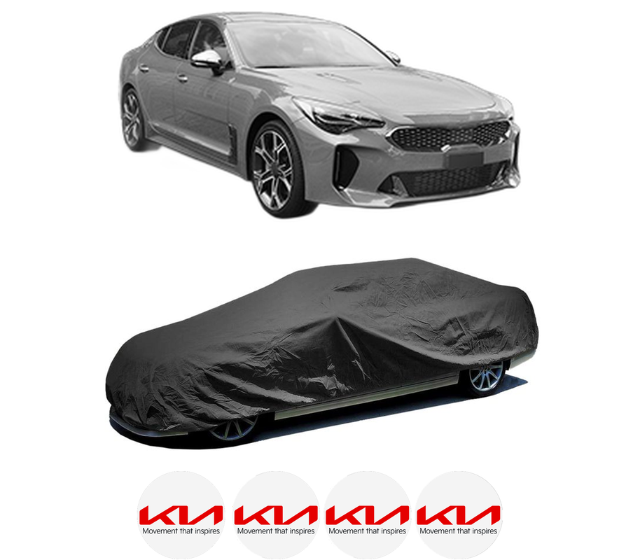 Husa tip prelata auto pentru KIA STINGER (CK) din 2017-2018, Culoare Negru, material textil impermeabil, rezistanta la intemperii praf UV, CARPASSION Husa Protectie, 4 Stickere auto cu KIA