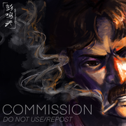 digital headshot of a man with fluffy brown hair, brown eyes, an angry expression on his face, and a cigarette in his mouth. His face is illuminated dramatically with harsh orange light from the right side, and smoke from the cigarette is present. The text at the bottom says: COMMISSION; DO NOT USE/REPOST.