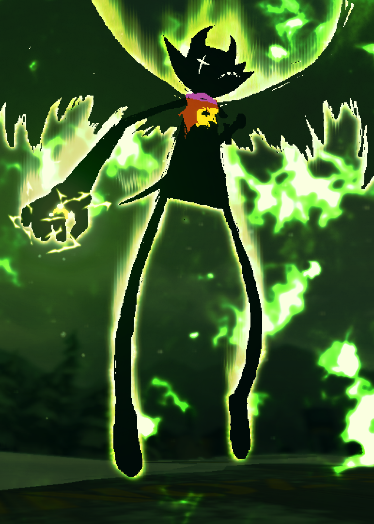 Jack (Bec) Noir is alone on a wintery background, color toned green. He emits a bright green fire and smoke-like aura. His hand glows with electricity.