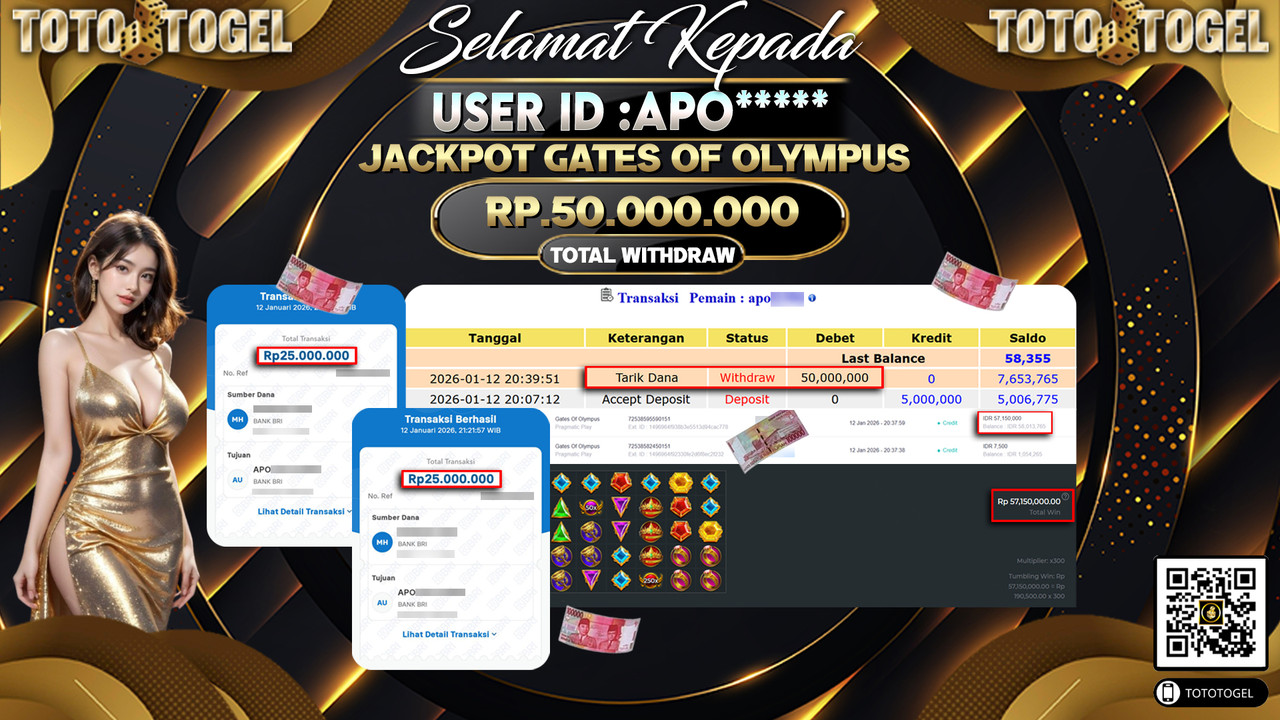 Bukti Pembayaran Jackpot Permainan Slot Gates Of Olympus ID:APO*****LUNAS