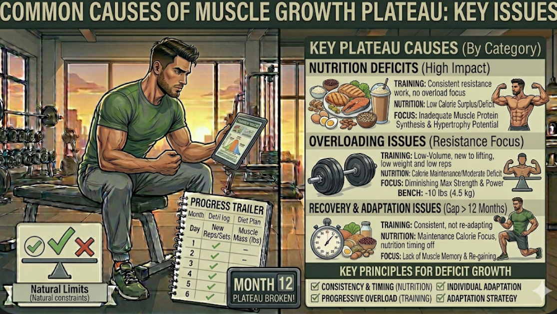 Common causes of muscle growth plateau including progressive overload, nutrition, and recovery issues