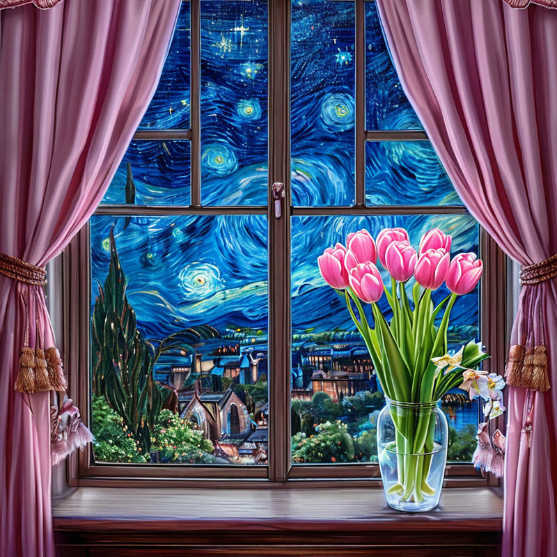 букет тюльпанов на окне