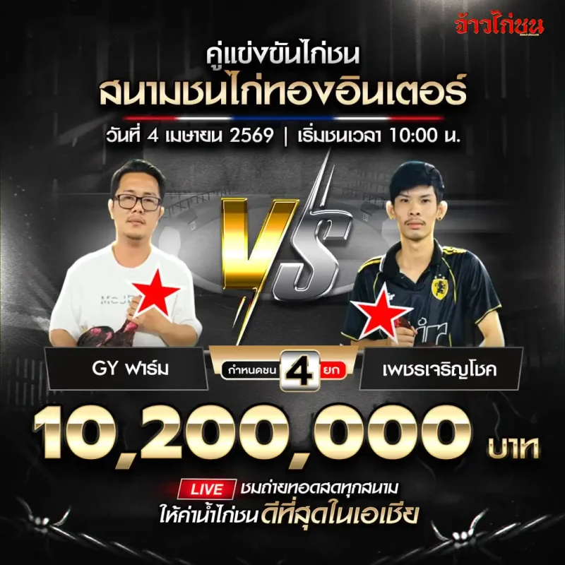โปรแกรมไก่ชน GY ฟาร์ม vs เพชรเจริญโชค 4 เมษายน 2026
