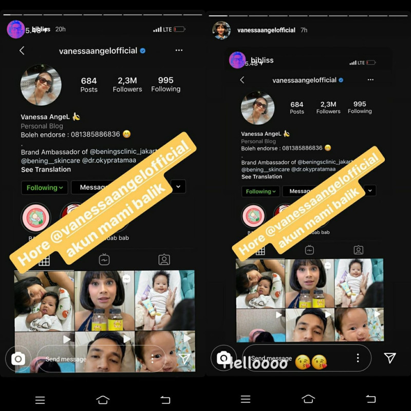 Akun IG Vanessa sempat bisa diakses