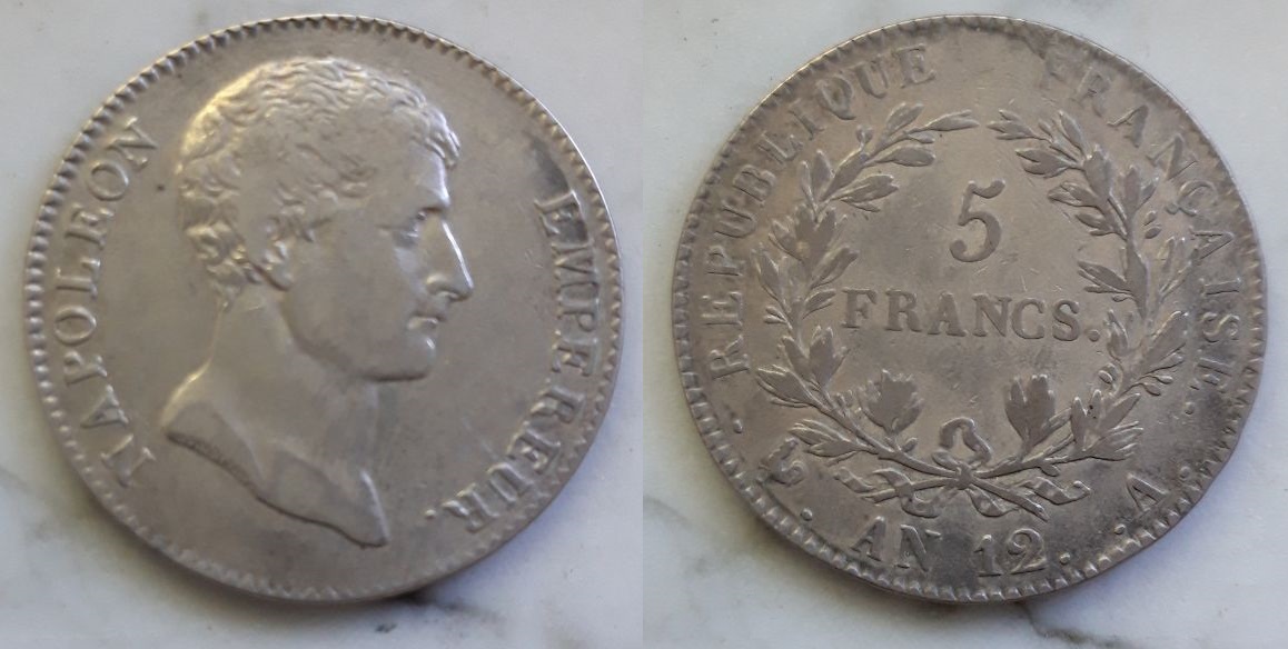 5 Francos de Napoleón I como emperador. Francia. Año 12. París 5-f-an-12-emp