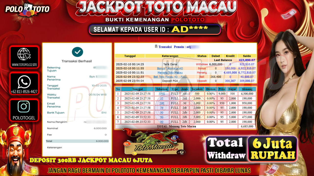 POLOTOTO JACKPOT TOTO MACAU 4D Rp.6,000.000,-