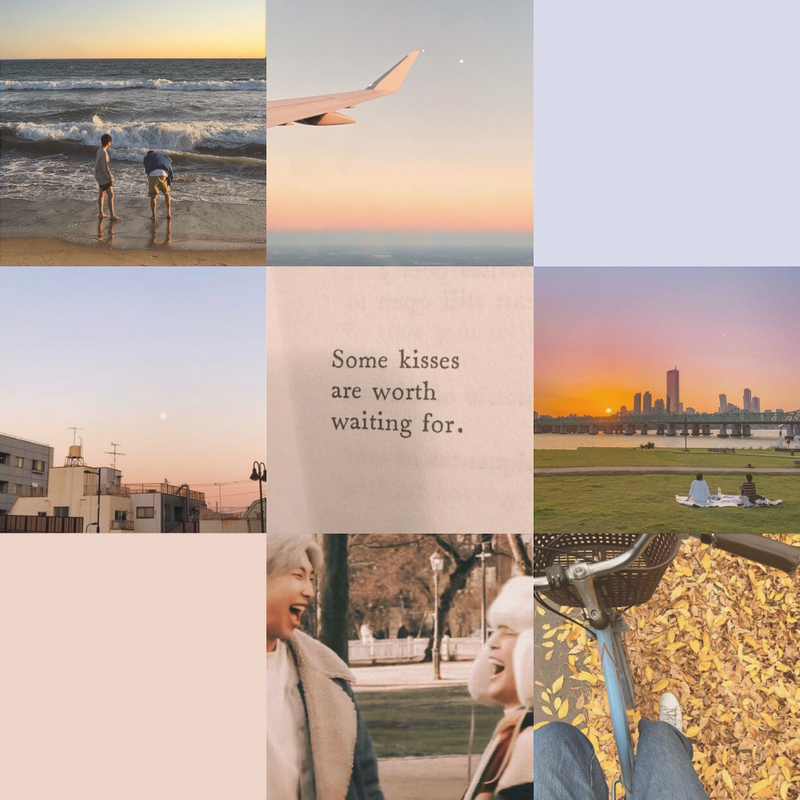 A moodboard with soft colours, featuring pictures of Namjoon and Jimin together, the view across the Han river at sunset, a plane flying through a peach-hued sky, and someone on a bicycle riding over fallen autumn leaves. Text in the centre image reads: "Some kisses are worth waiting for".