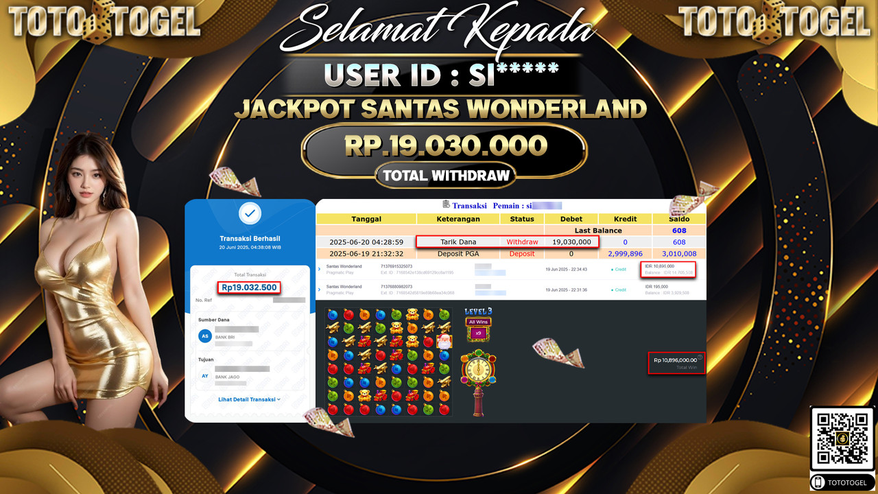 Bukti Pembayaran Jackpot Permainan Slot Santas Wonderland ID:SI***** LUNAS