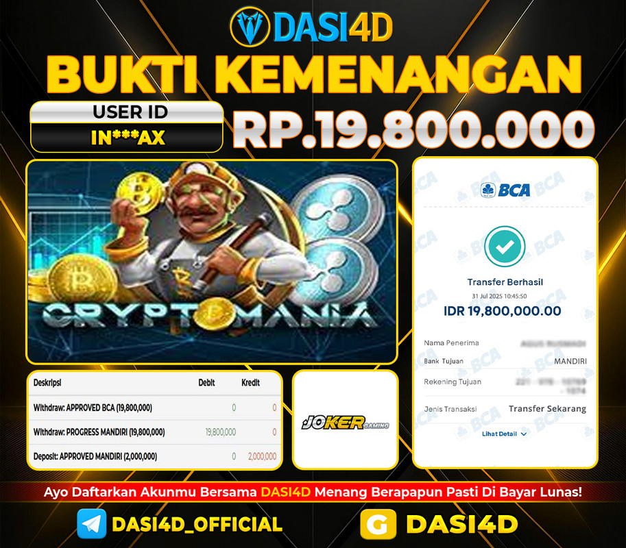 BUKTI KEMENANGAN 31 JULI 2025 CRYPTO MANIA RP 19.800.000