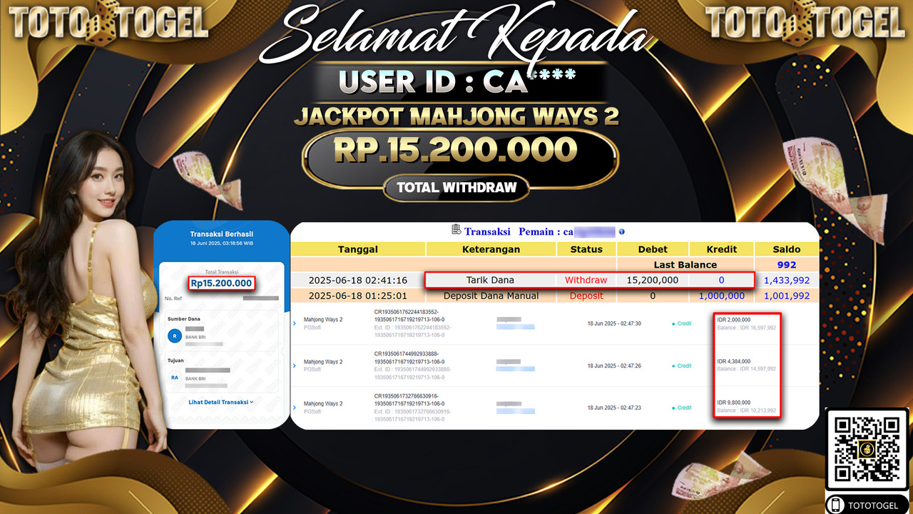 Bukti Pembayaran Jackpot Permainan Slot Mahjong Ways 2 ID:CA***** LUNAS