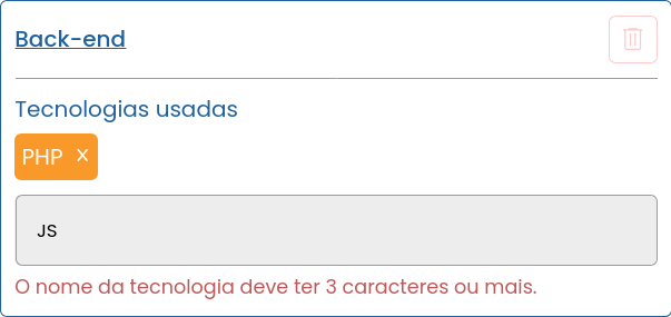 O cadastro da stack de tecnologia exige pelo menos 3 caracteres