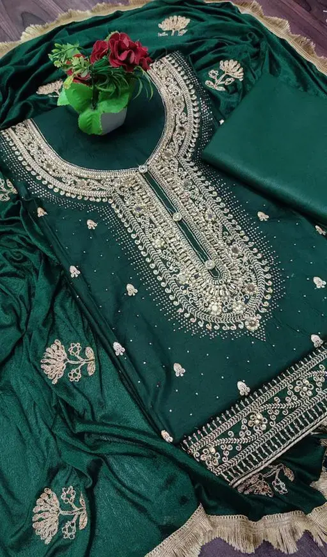 Mahek Sehnaz Women's Pure Cotton Embroidery Suits Color Green (R220)