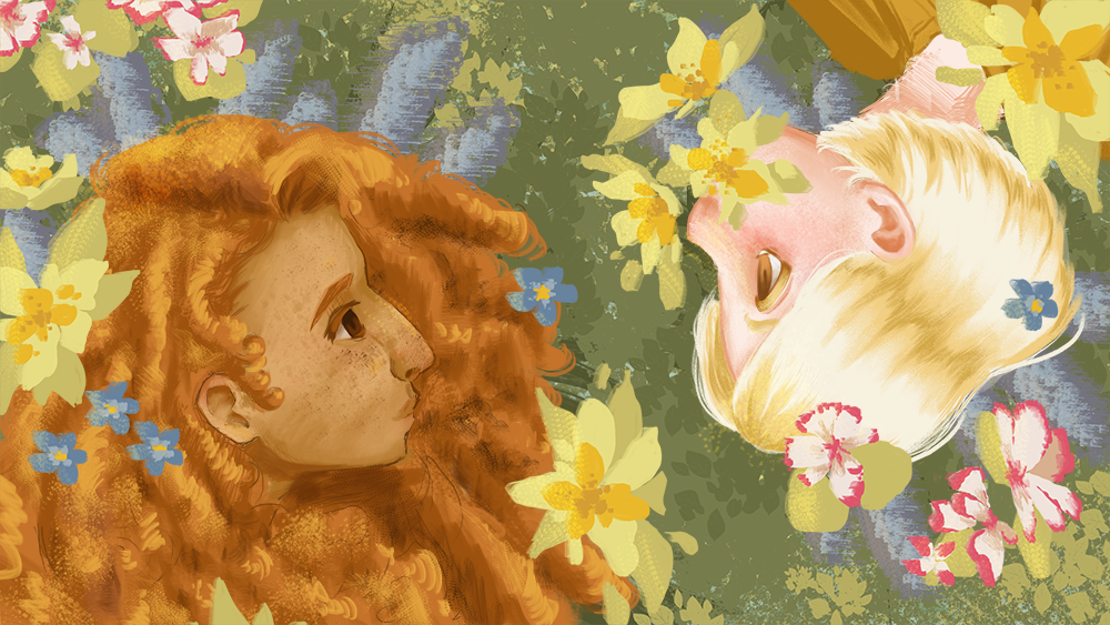 Digital drawing of two characters in a field, surrounded by Goldwolfsmilch, Alpenveilchen, hyacinth, and forget-me-not flowers